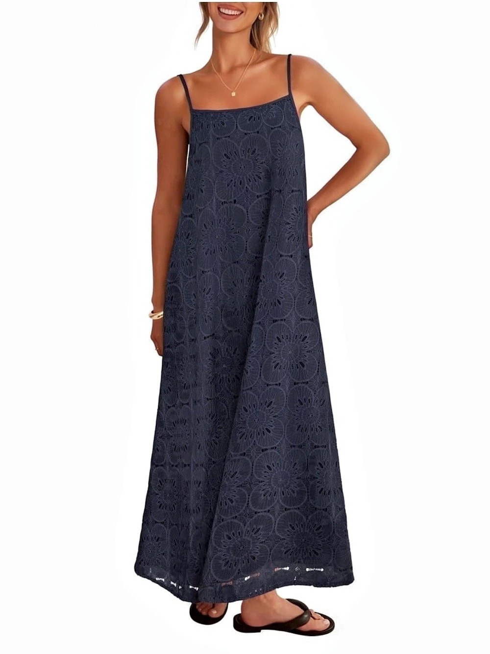 MEROKEETY Women's Floral Lace Maxi Dress Blue Medium NWT